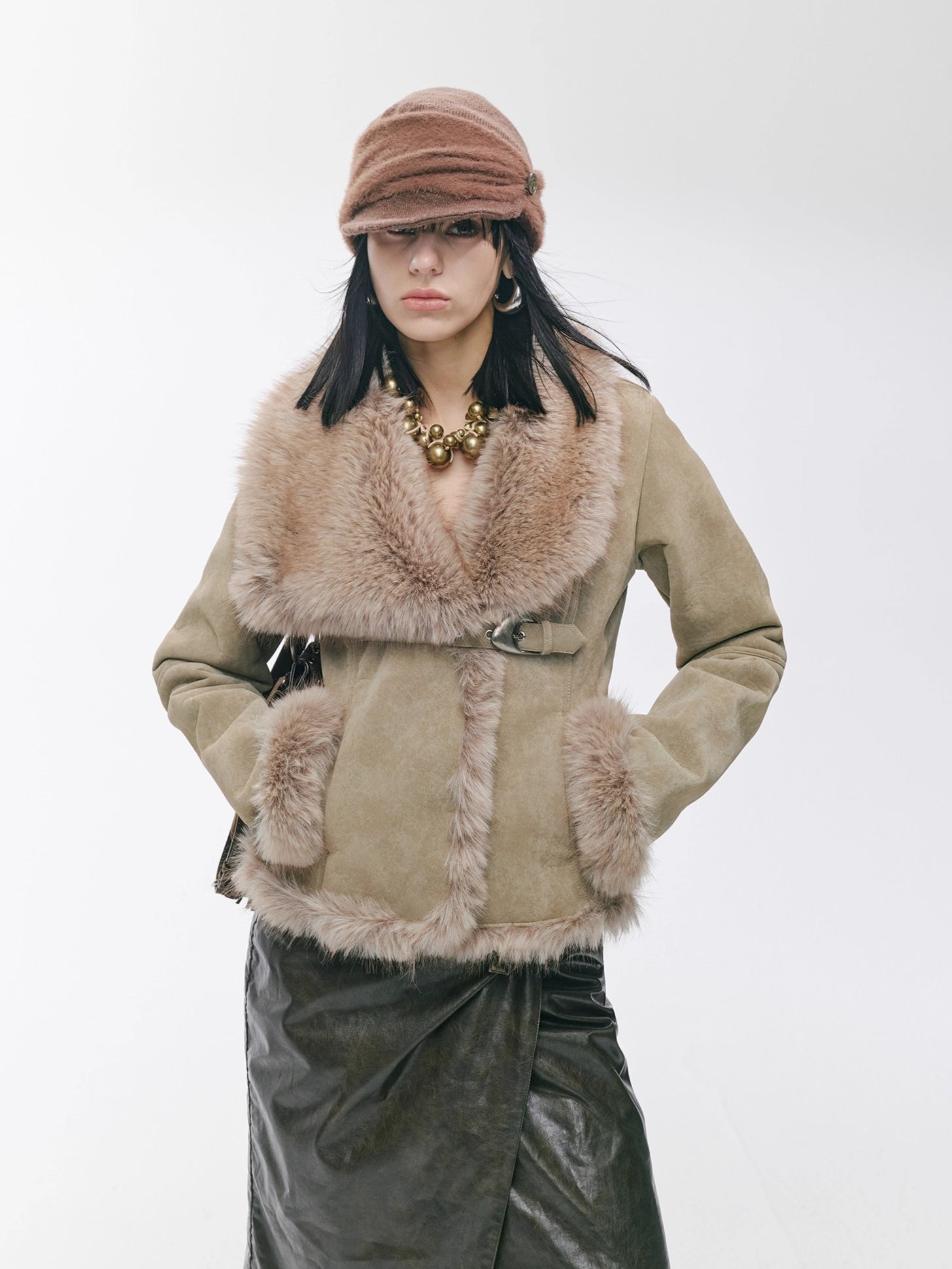 Vintage Asymmetric Shearling-Effect Suede Jacket