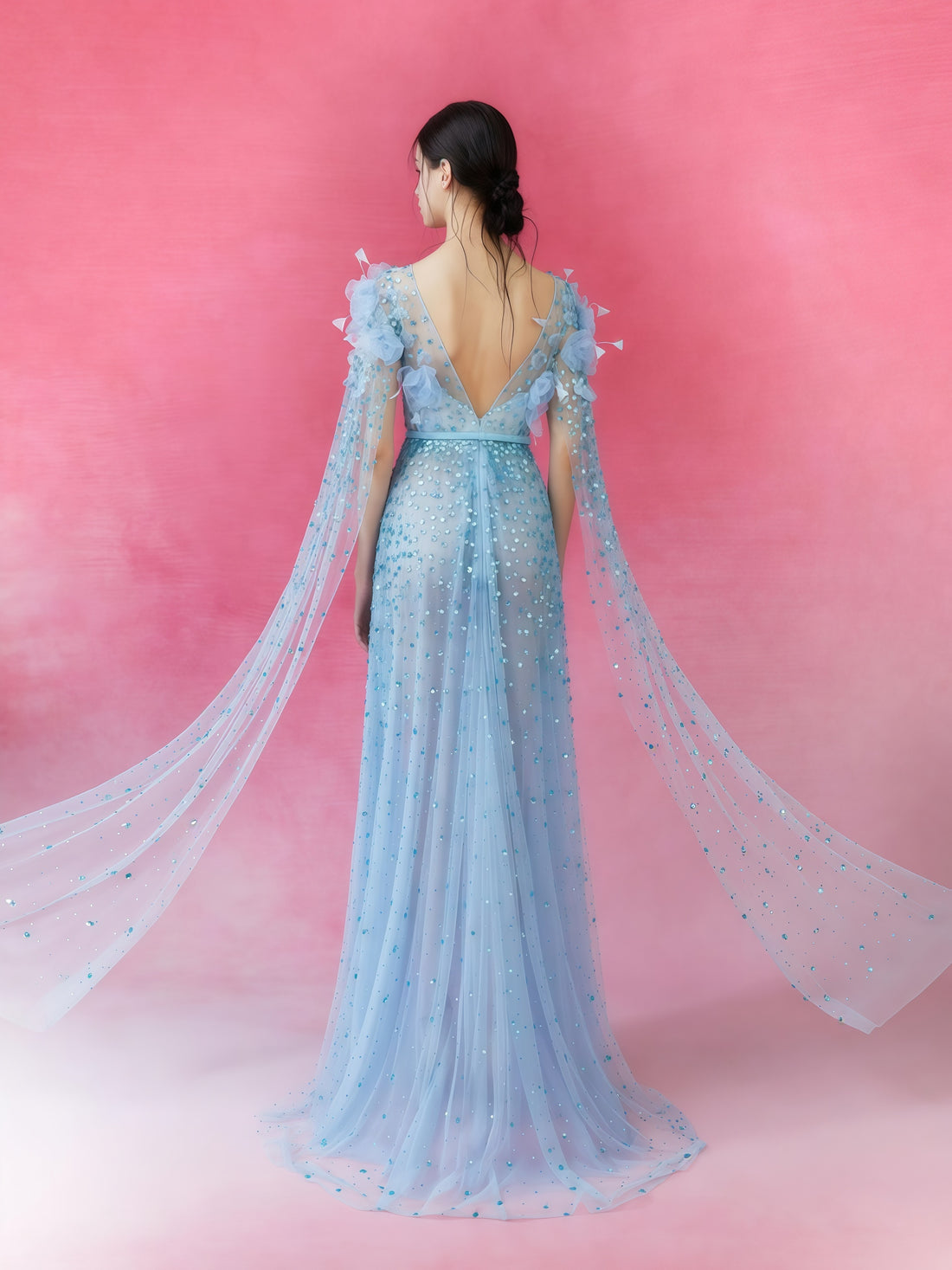 Ethereal Blue Crystal Embellished Cape Gown