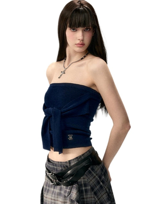 Gray &amp; Navy Blue Tie-Knitted Top - CHINASQUAD