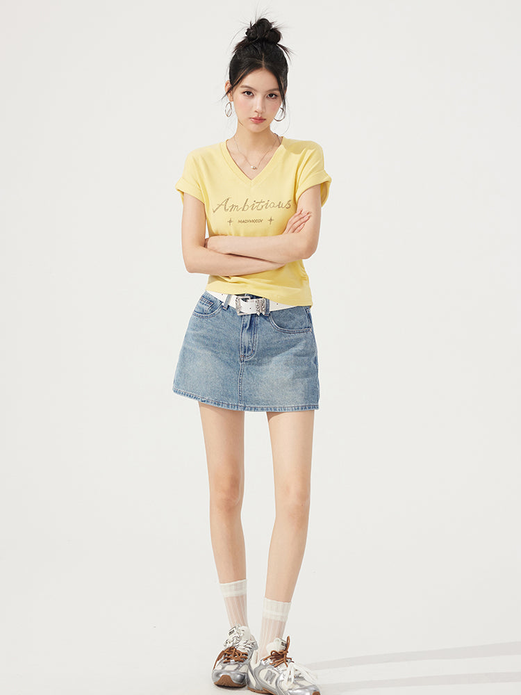 V-neck Waist-cinching Rhinestone Tee - CHINASQUAD