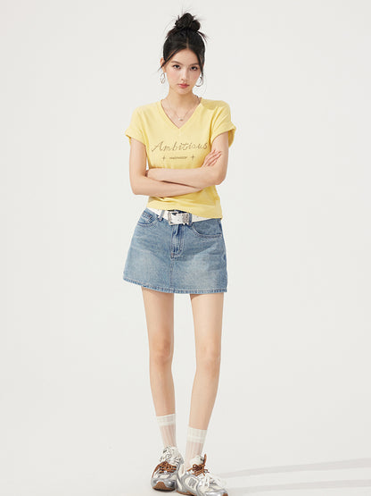 V-neck Waist-cinching Rhinestone Tee - CHINASQUAD