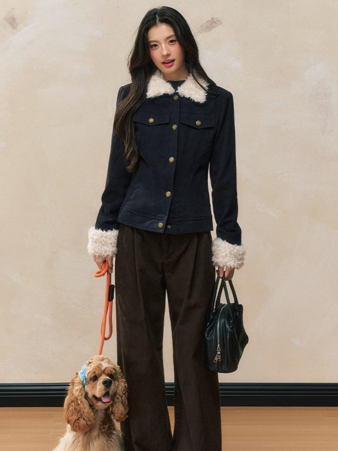 Navy Blue Fur-Collar Short Jacket