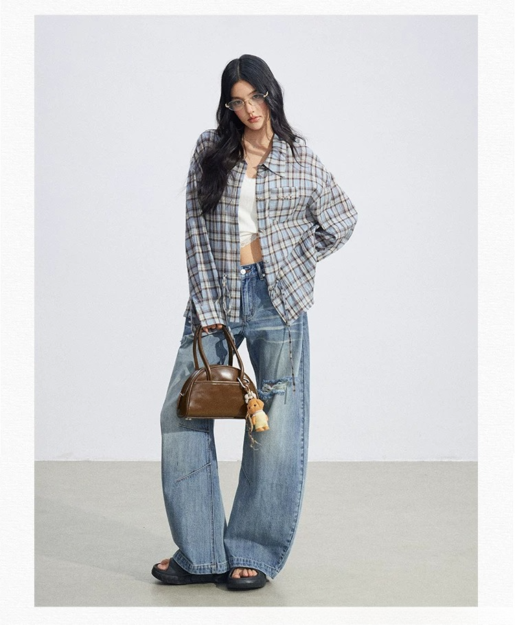 Vintage Plaid Drawstring Shirt