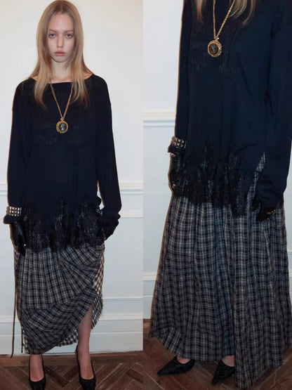 Lace-Hem Drawstring Long-Sleeve T-Shirt