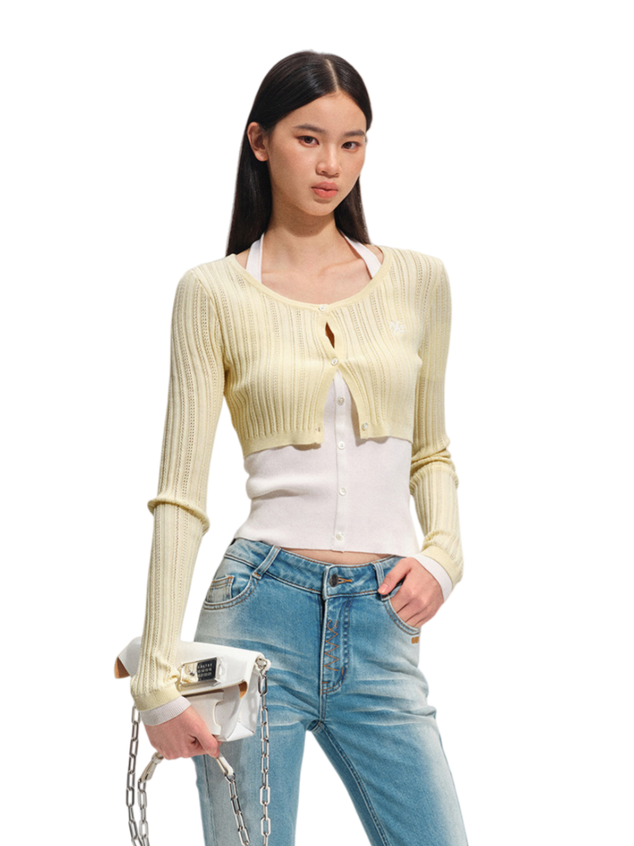 Faux Layered Slim-Fit Knit Cardigan