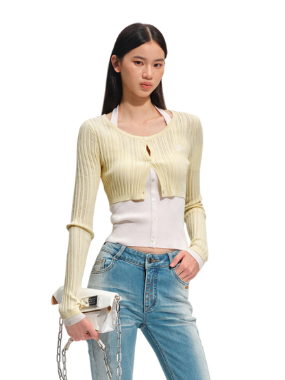 Faux Layered Slim-Fit Knit Cardigan