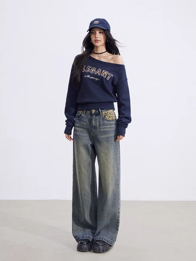 Off-Shoulder Letter-Print Cropped Sweatshirt