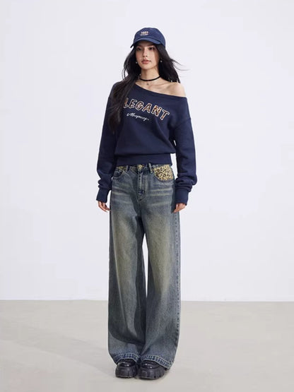 Off-Shoulder Letter-Print Cropped Sweatshirt