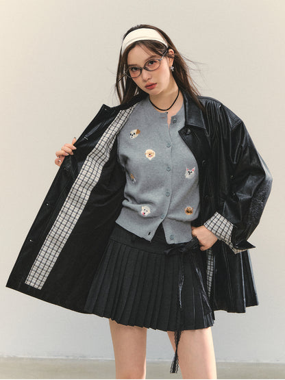 Black H-shaped Cuff Checkered Spliced Leather Jacket - CHINASQUAD