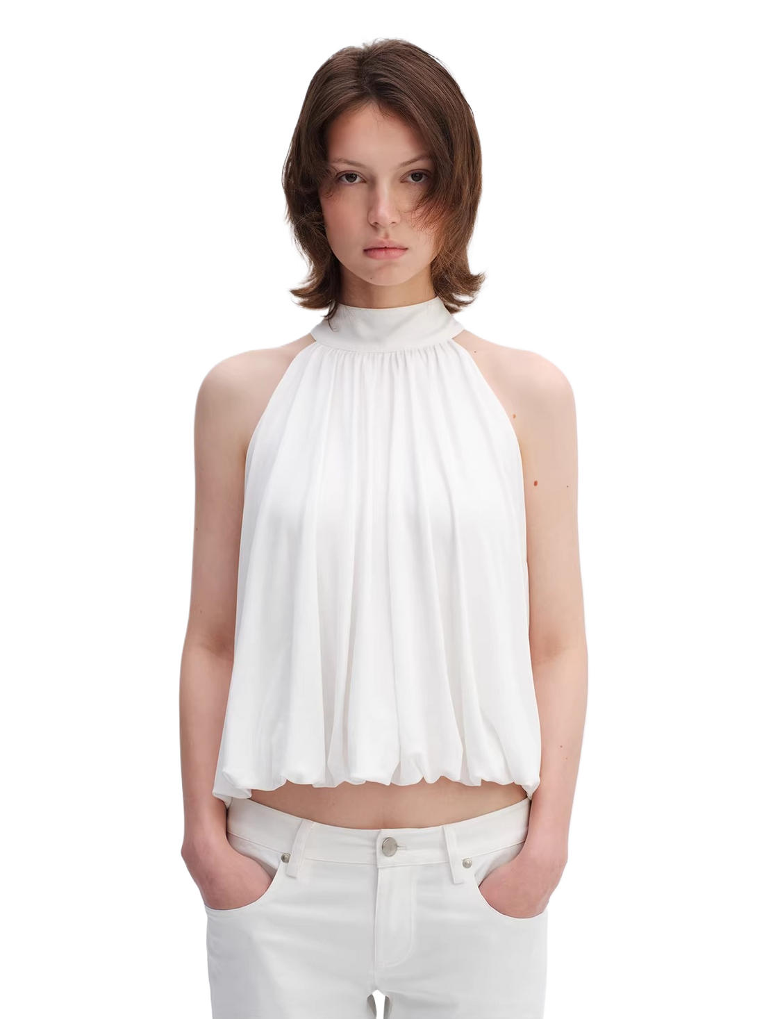 Lyocell Bubble Hem Halter Neck Blouse