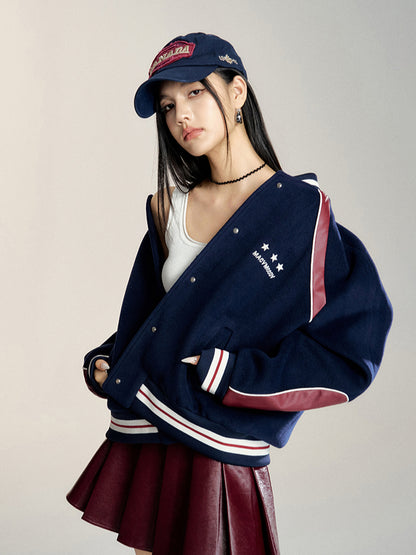 Navy Block Faux Leather Baseball Jacket