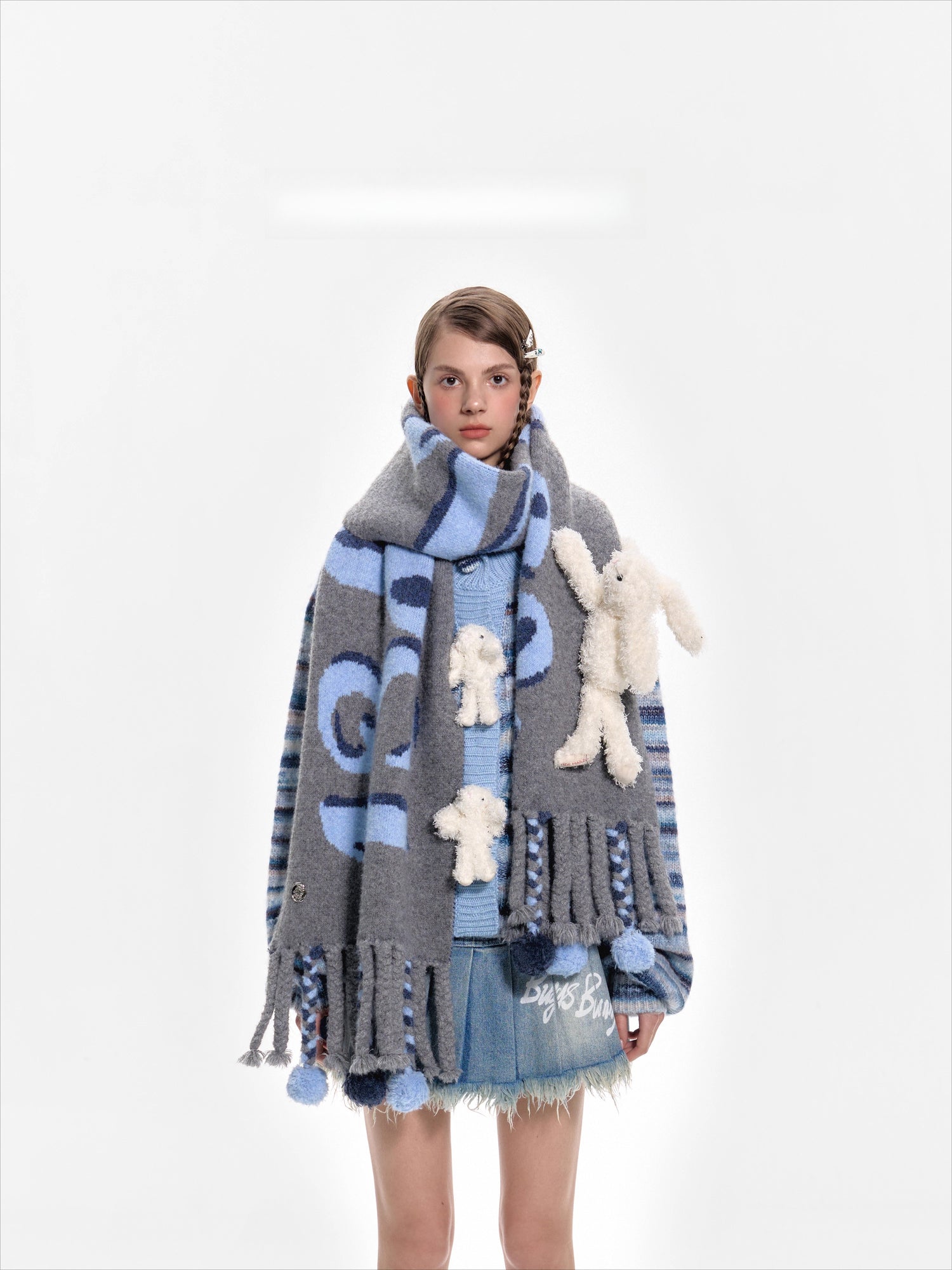 Jacquard Pom-Pom Knit Shawl Scarf