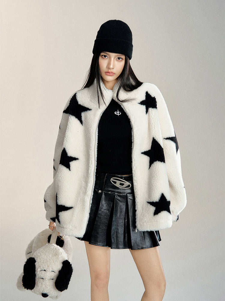 White Stand Collar Sherpa Star Jacket