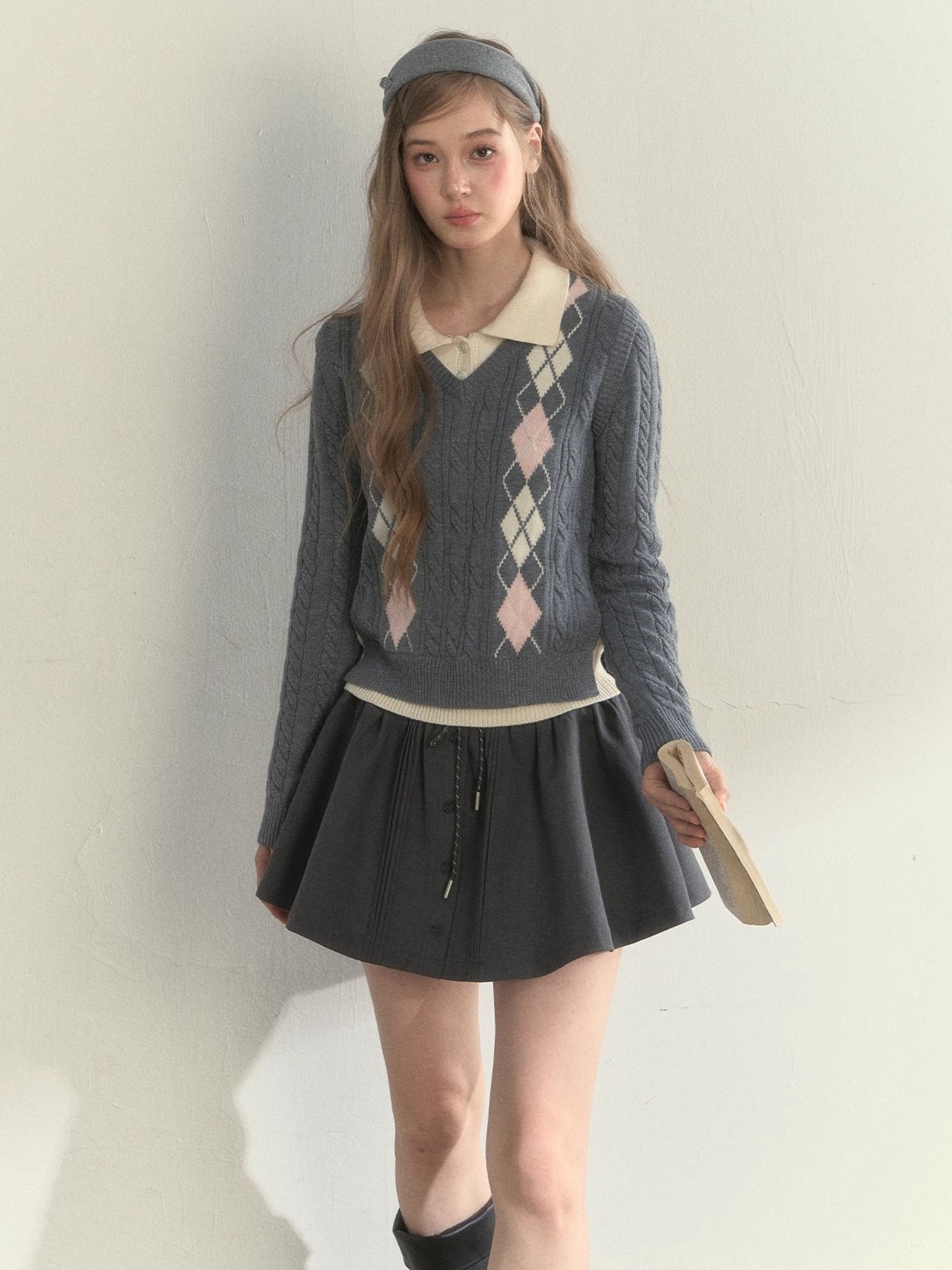 Vintage Argyle Cable Knit Layered Sweater