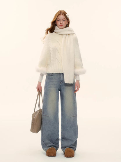 Vintage Washed Curved-Leg Denim Pants