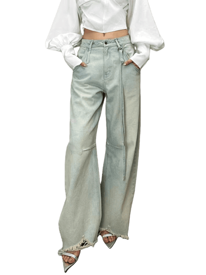 Washed Pleated Banana-Fit Denim Pants