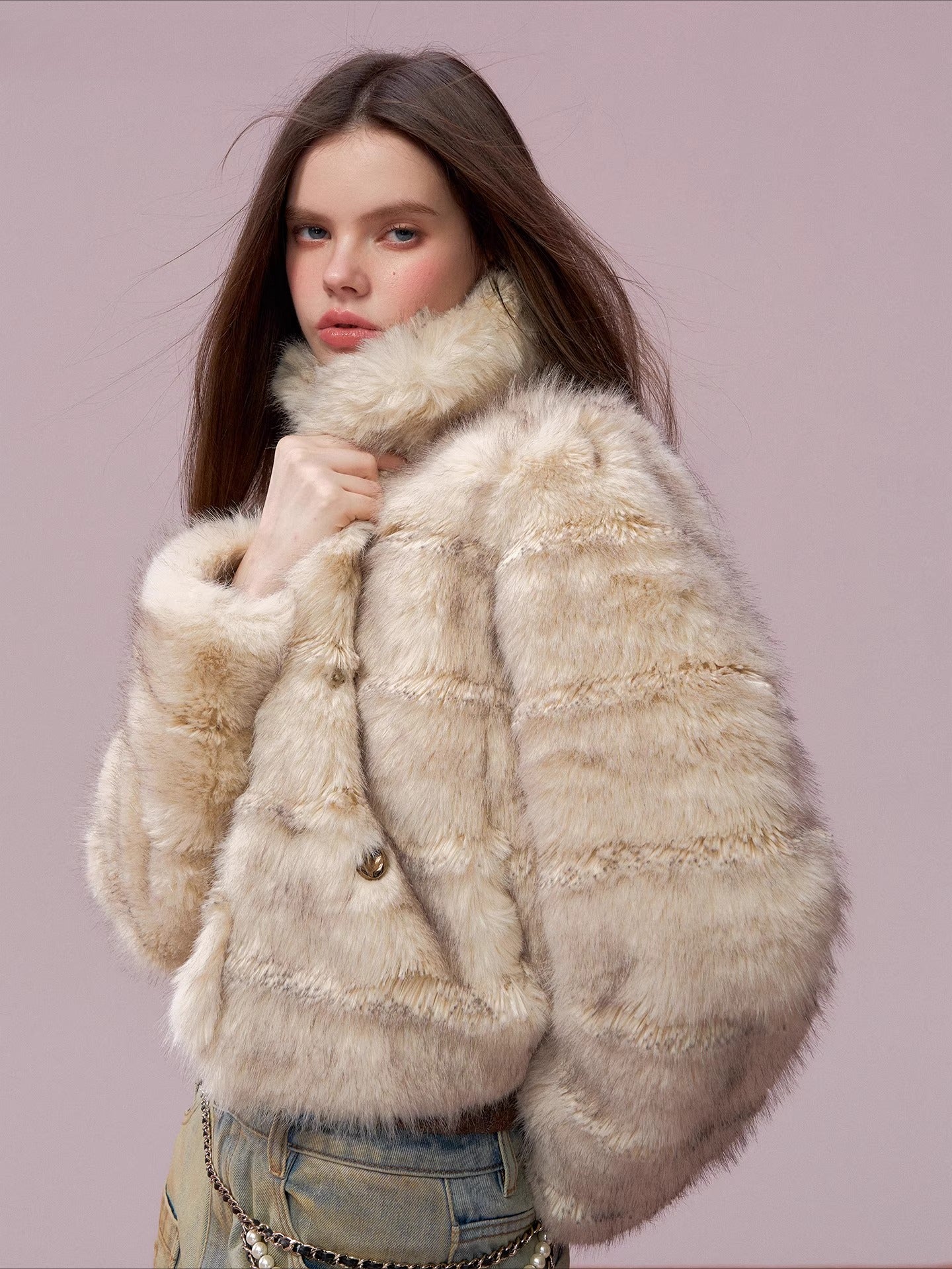 Double-Breasted Faux-Fur Short Jacket