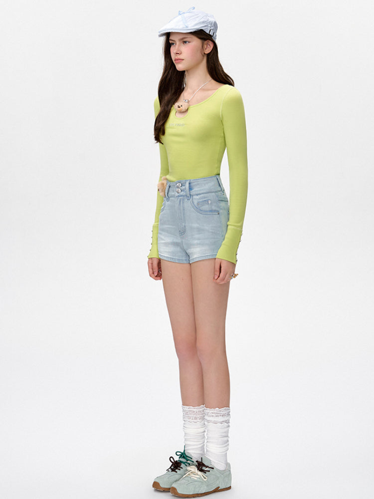 Fuzzy Bear High-Waist Denim Shorts