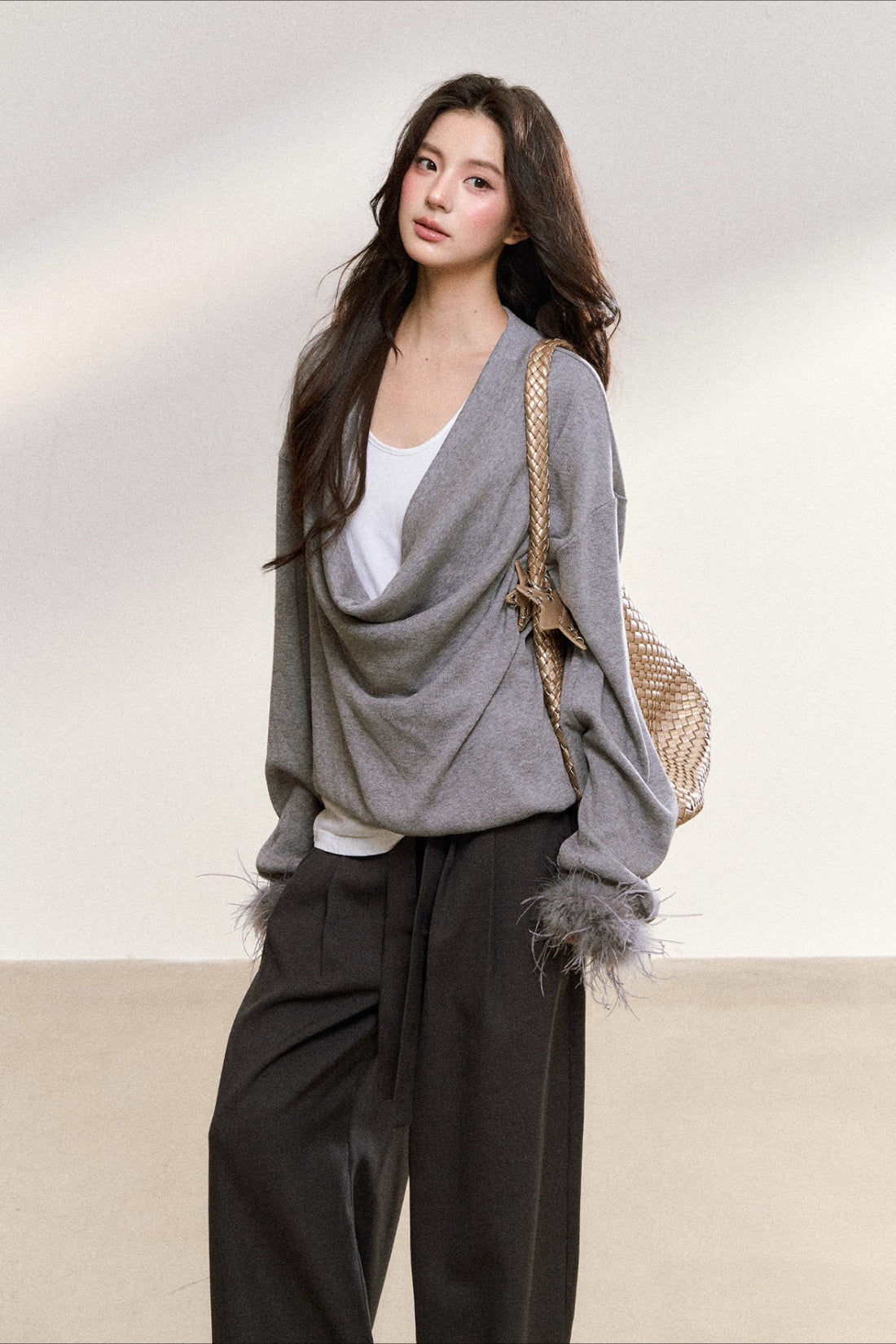 Gray Drape-Neck Fur Cuff Detail Knit Blouse