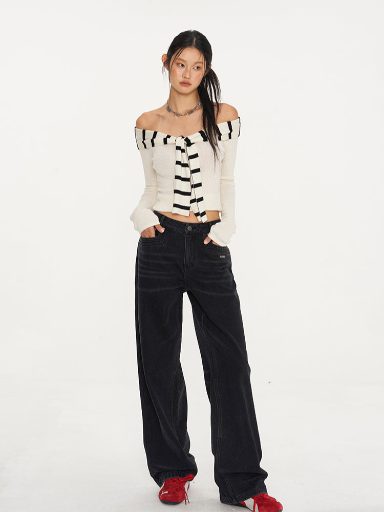 Striped Sailor Collar Off-Shoulder Knit Top