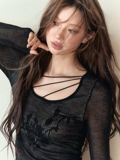 Black Mesh Hollow-Out Blouse