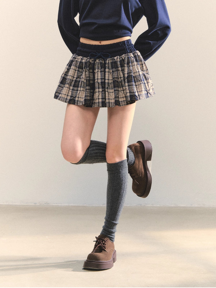 V-neck Ruffle Plaid Spliced Halter Sweatshirt