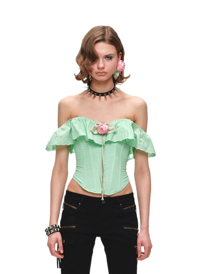 Off-Shoulder Ruffle Corset Rose Top 1Jinn Studio