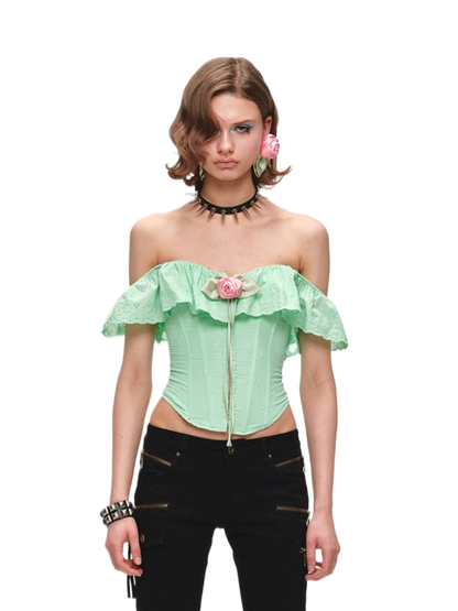 Off-Shoulder Ruffle Corset Rose Top 1Jinn Studio