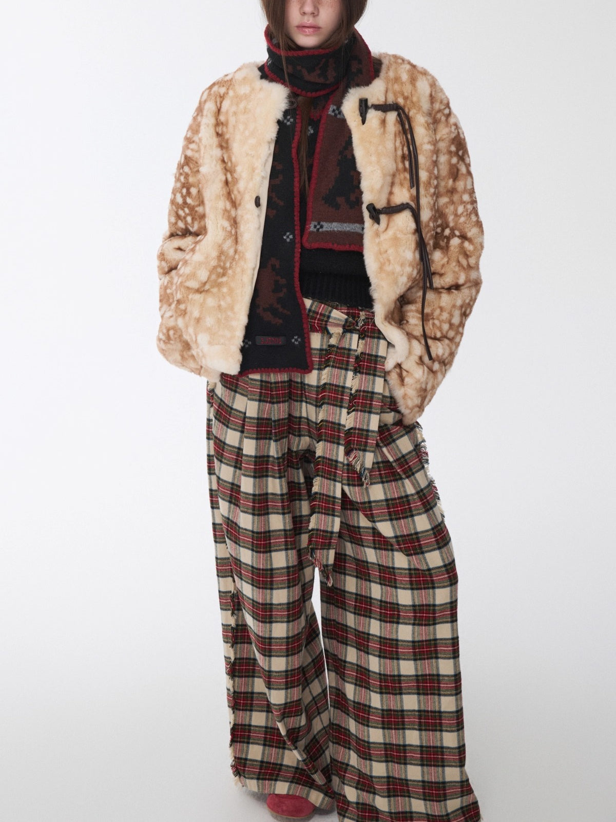 Vintage Red Plaid Brushed Cotton Wide-Leg Pants