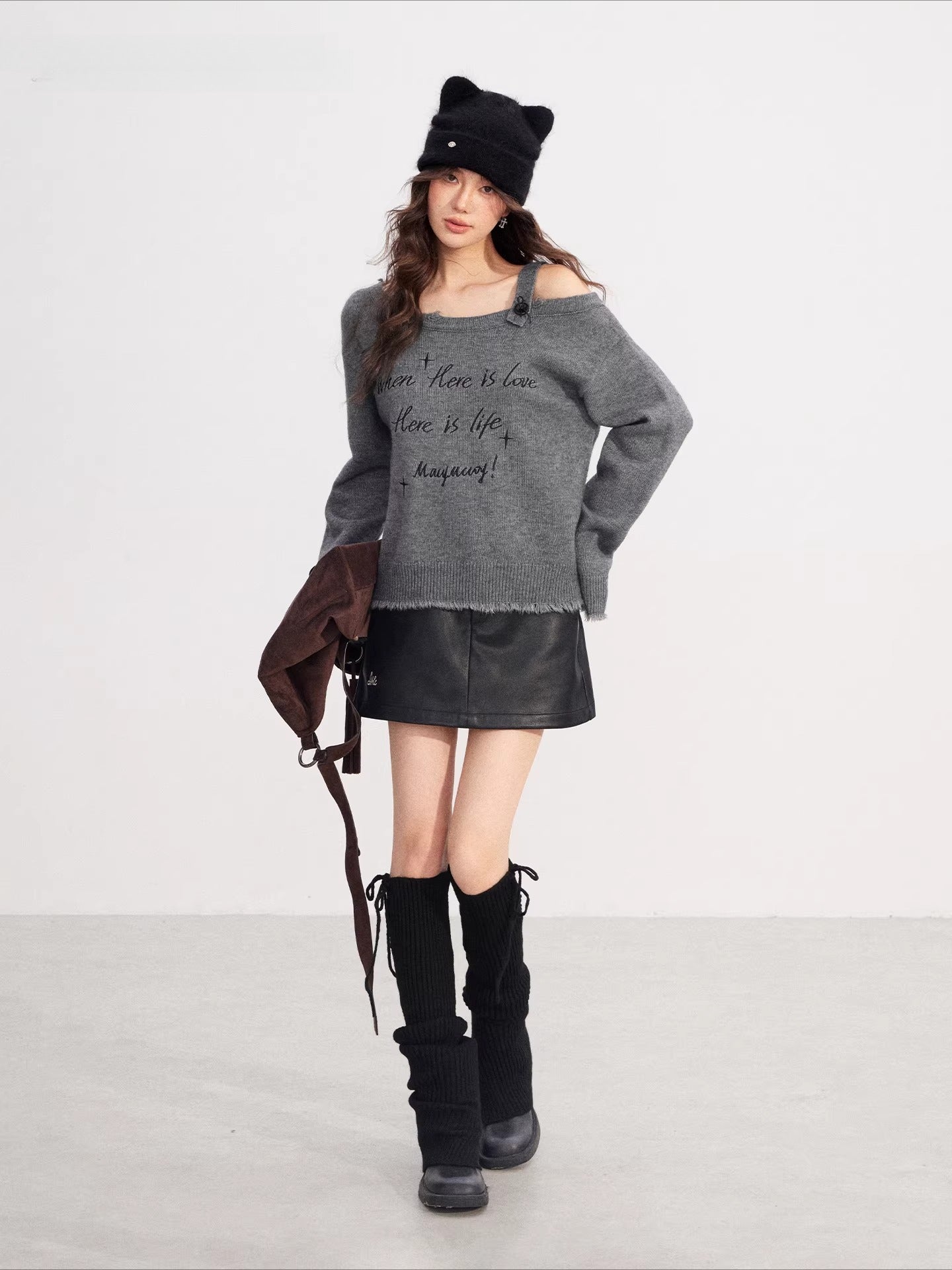 Deconstructed Off-Shoulder Embroidered Knit Sweater