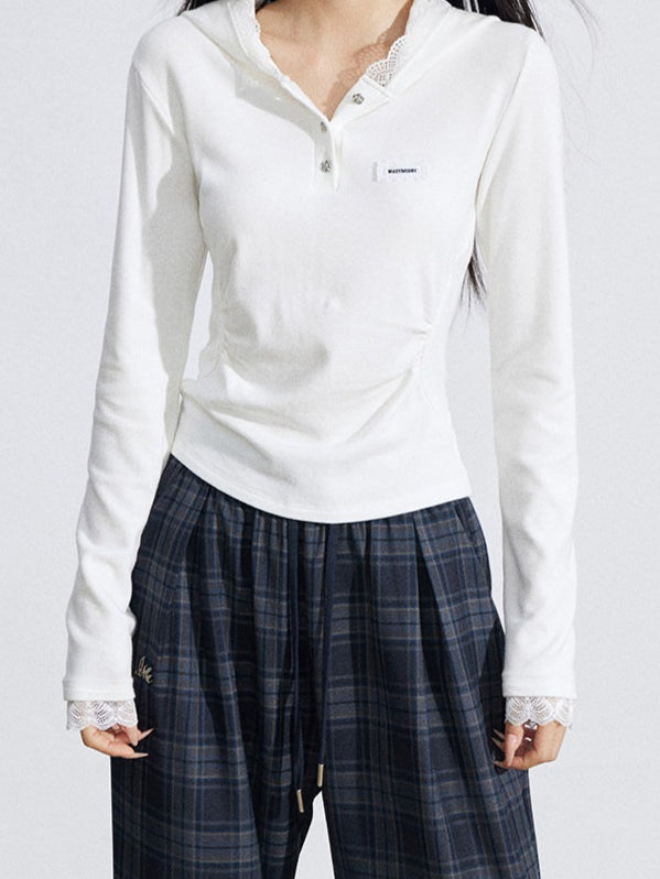 Lace Hooded Slim-Fit Long Sleeve T-Shirt