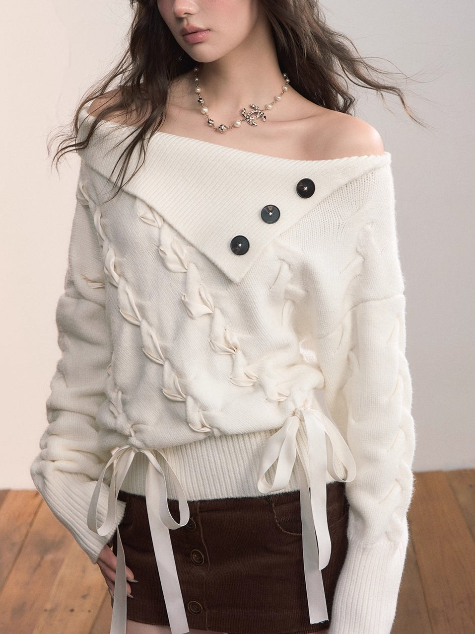 Asymmetric Off-Shoulder Cable Knit Sweater