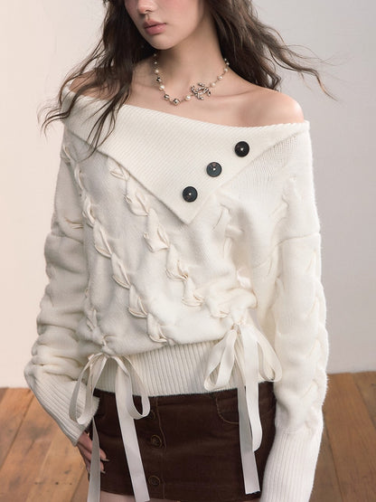 Asymmetric Off-Shoulder Cable Knit Sweater