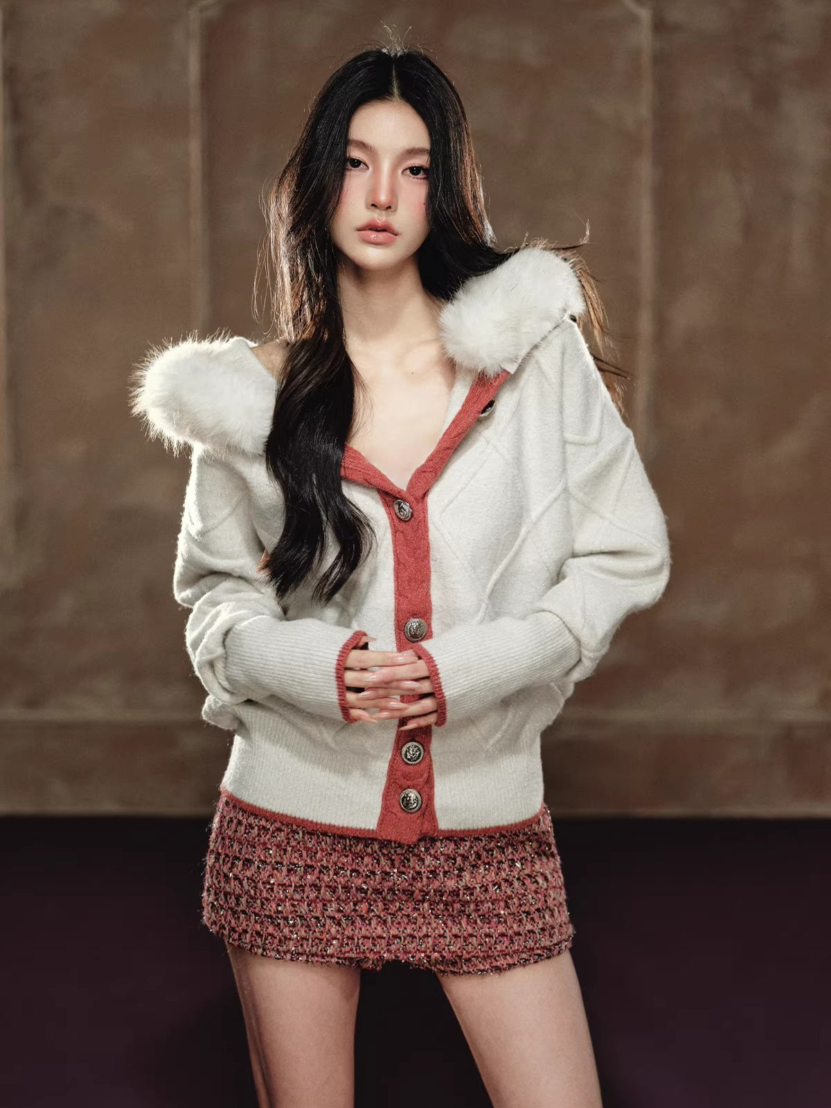 Detachable Fur-Collar Argyle Hooded Knit Cardigan