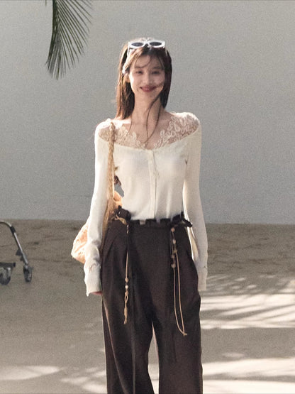 Sculpted Lace-Trim V-Neck Fitted Knit Cardigan