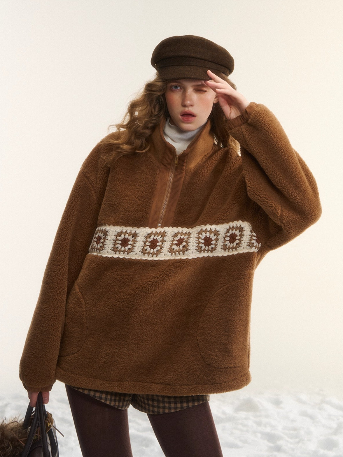 Patchwork Teddy Fleece Zip-Up Sweater