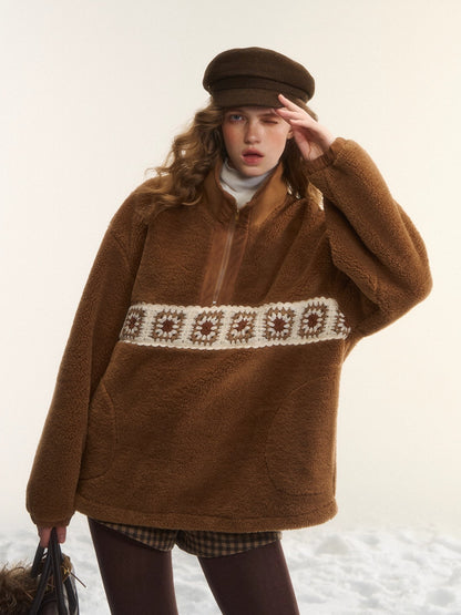 Patchwork Teddy Fleece Zip-Up Sweater