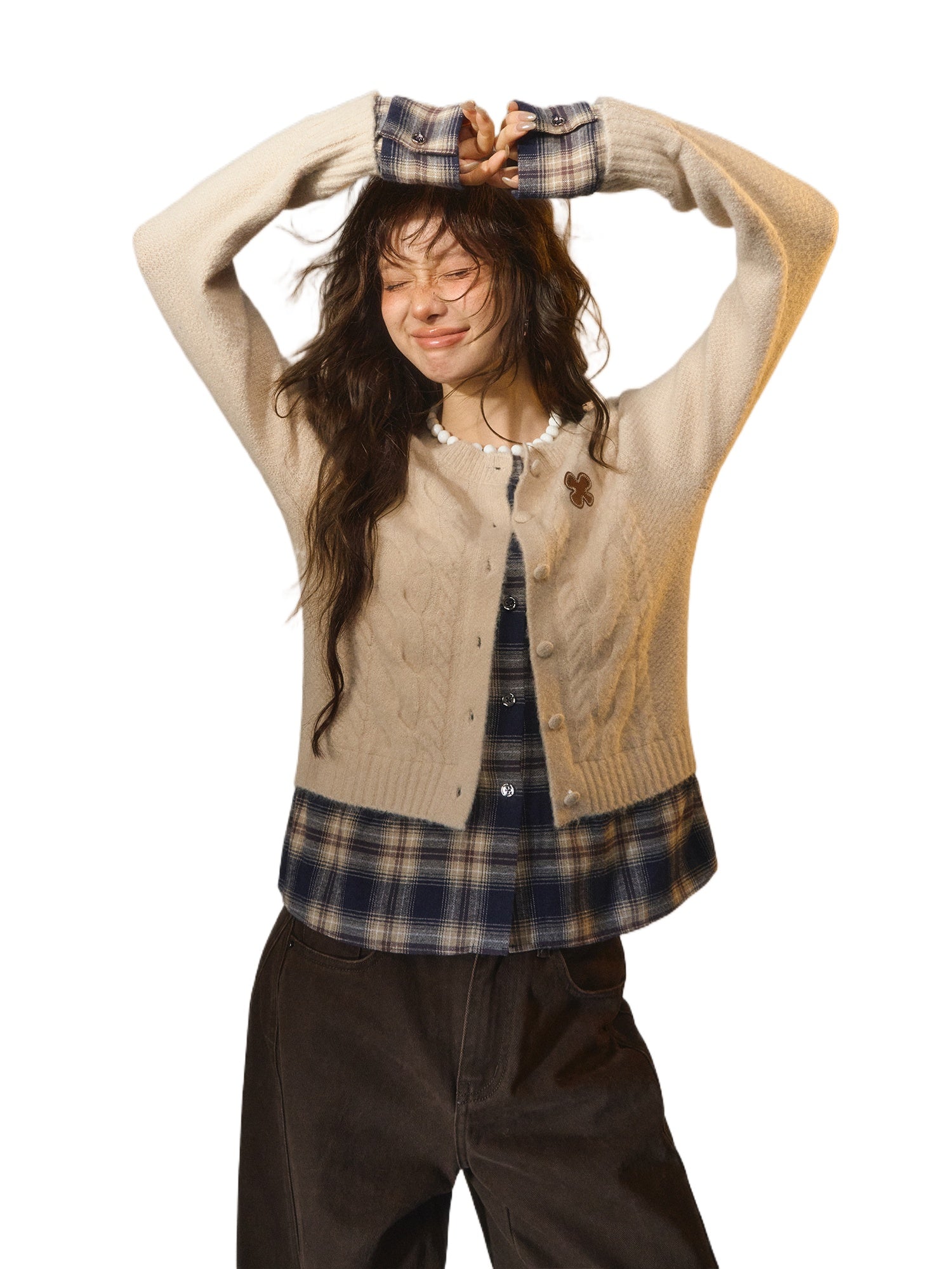 Layered Plaid Patchwork Cable Knit Cardigan