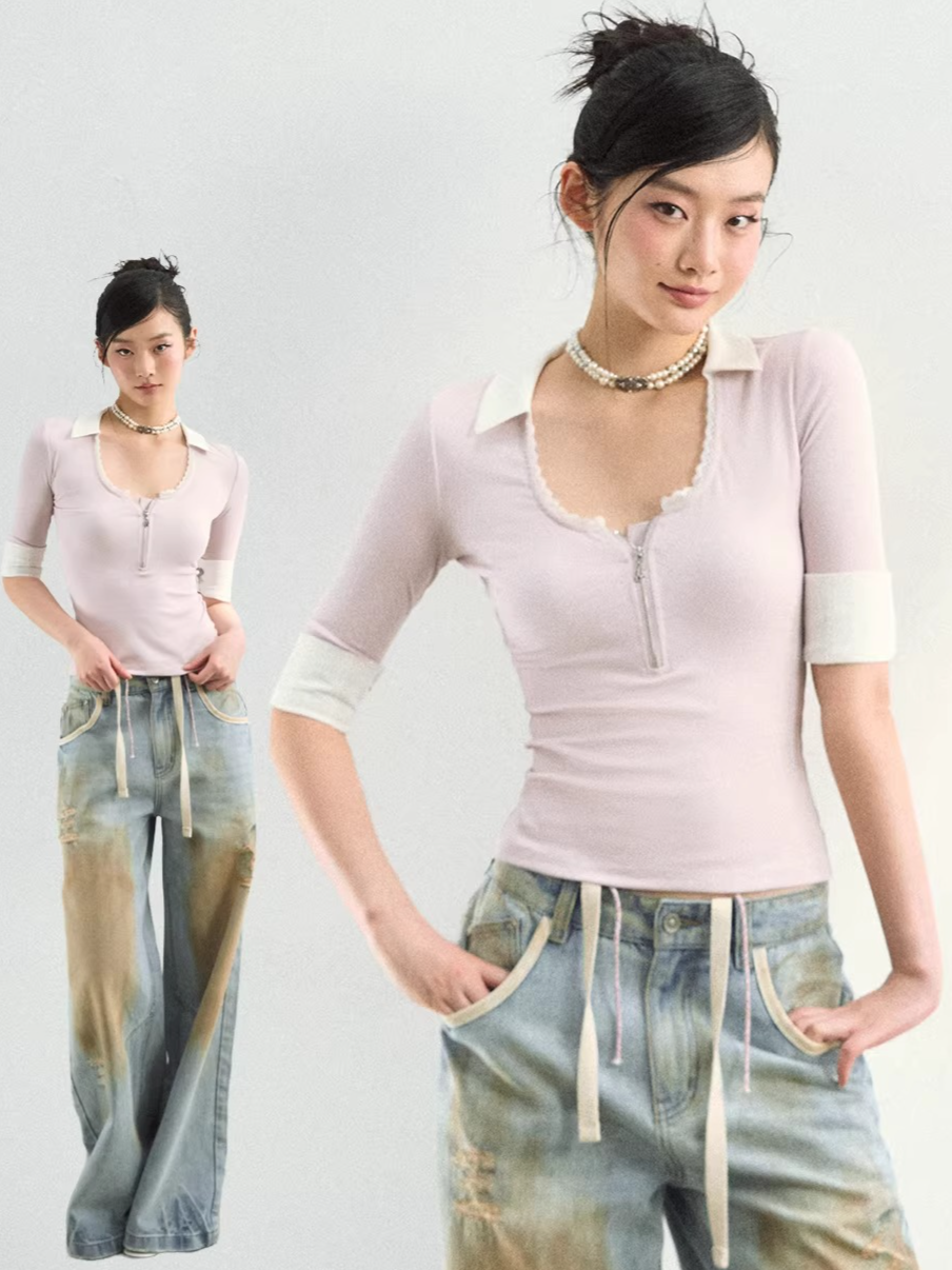 Lace Trim Half-Zip Knit Polo T-Shirts