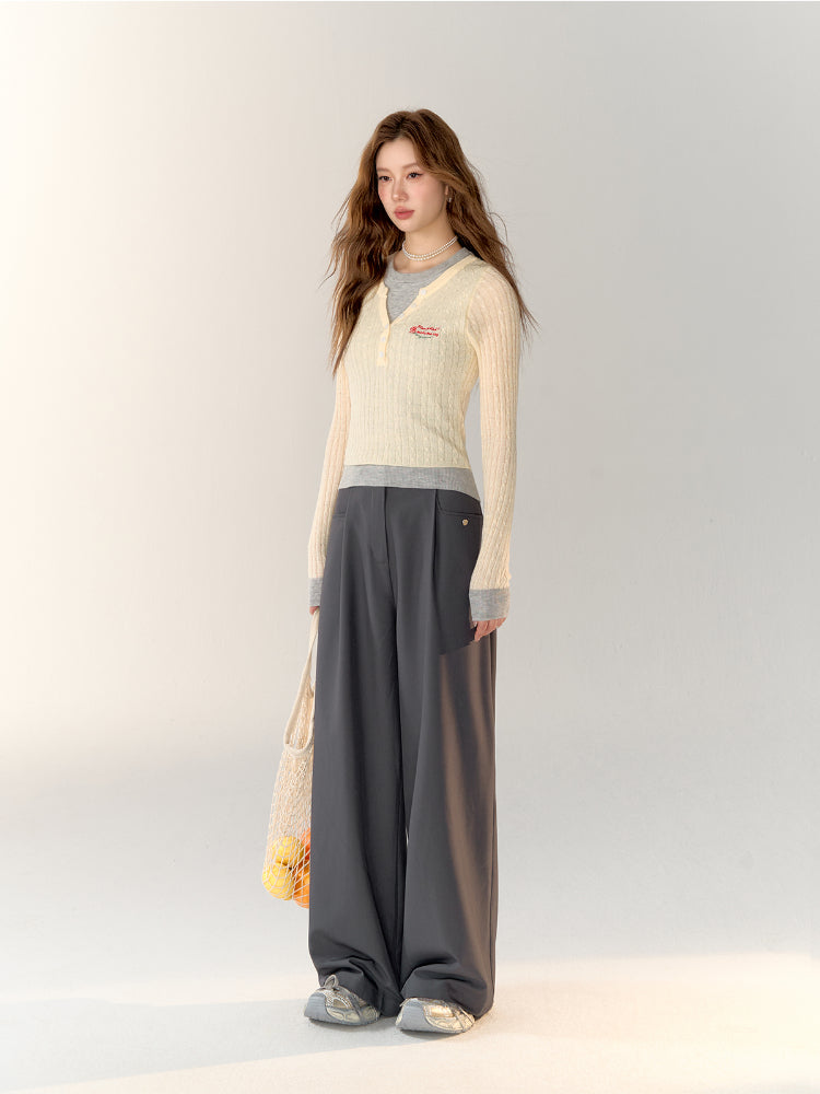 Lace Spliced High-Waisted Straight-Leg Wide Pants