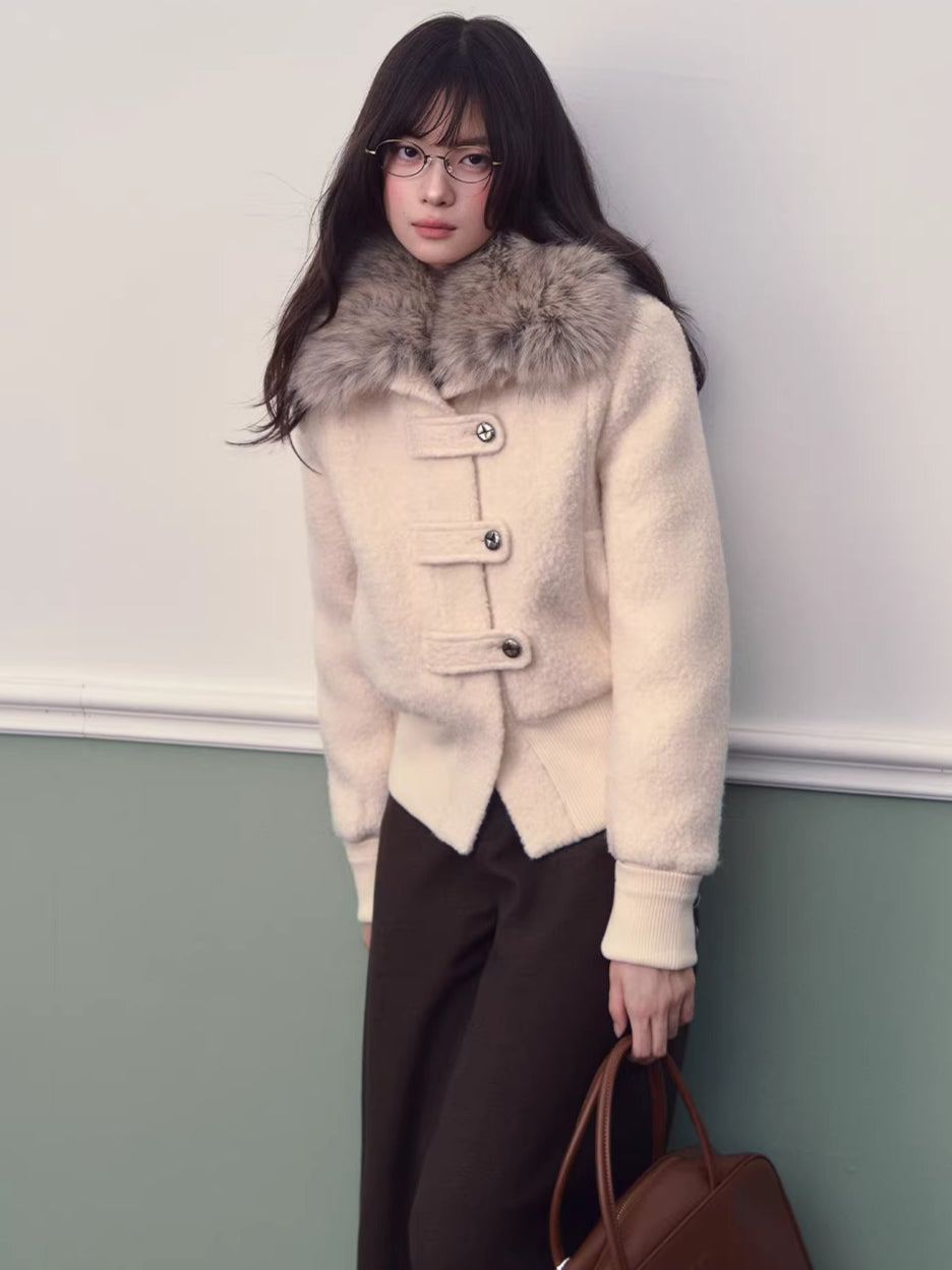 Wool-Blend Fur-Collar Short Down Jacket