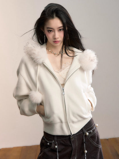 Faux Fur Collar Wool-Blend Fleece Jacket