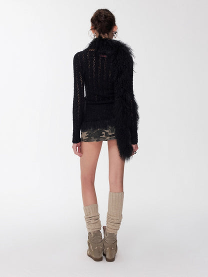 Cable-Knit Faux-Fur Trim Fitted Sweater