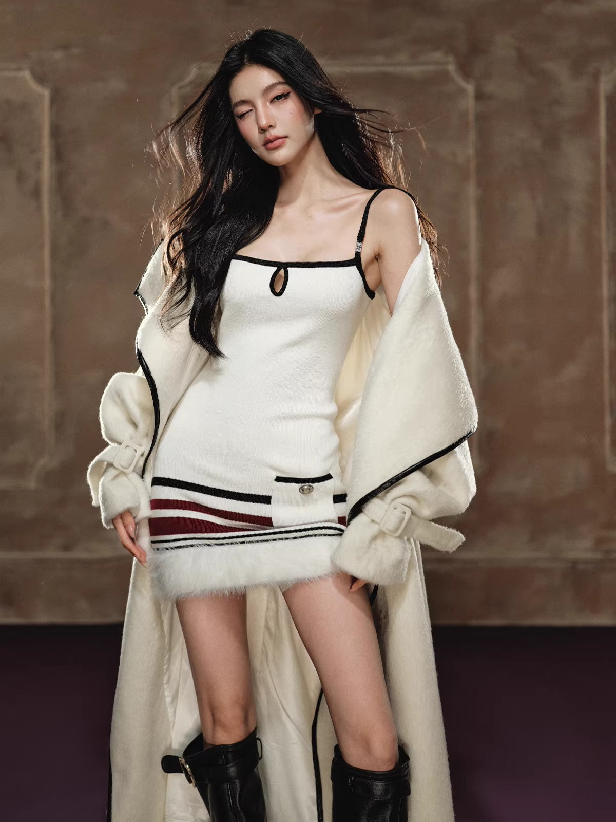 Wool-Blend Long Coat &amp; Striped Slip Dress Set