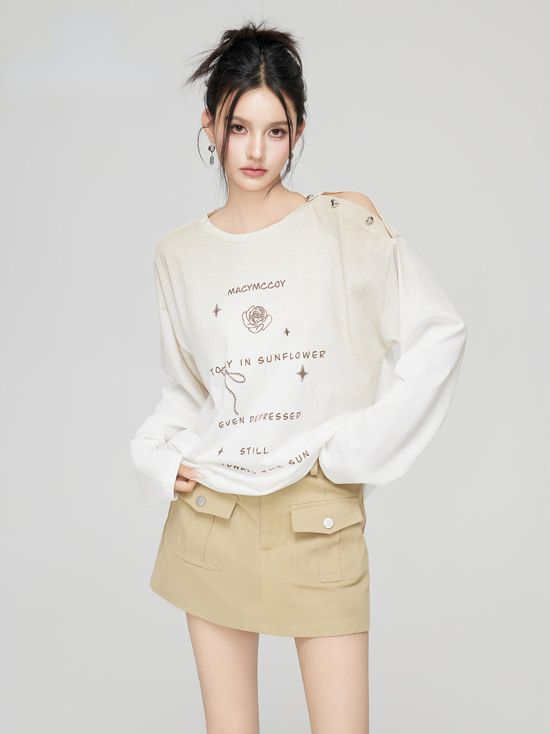 Blue &amp; Light Khaki Shoulder Button Long Sleeve T-shirt - CHINASQUAD