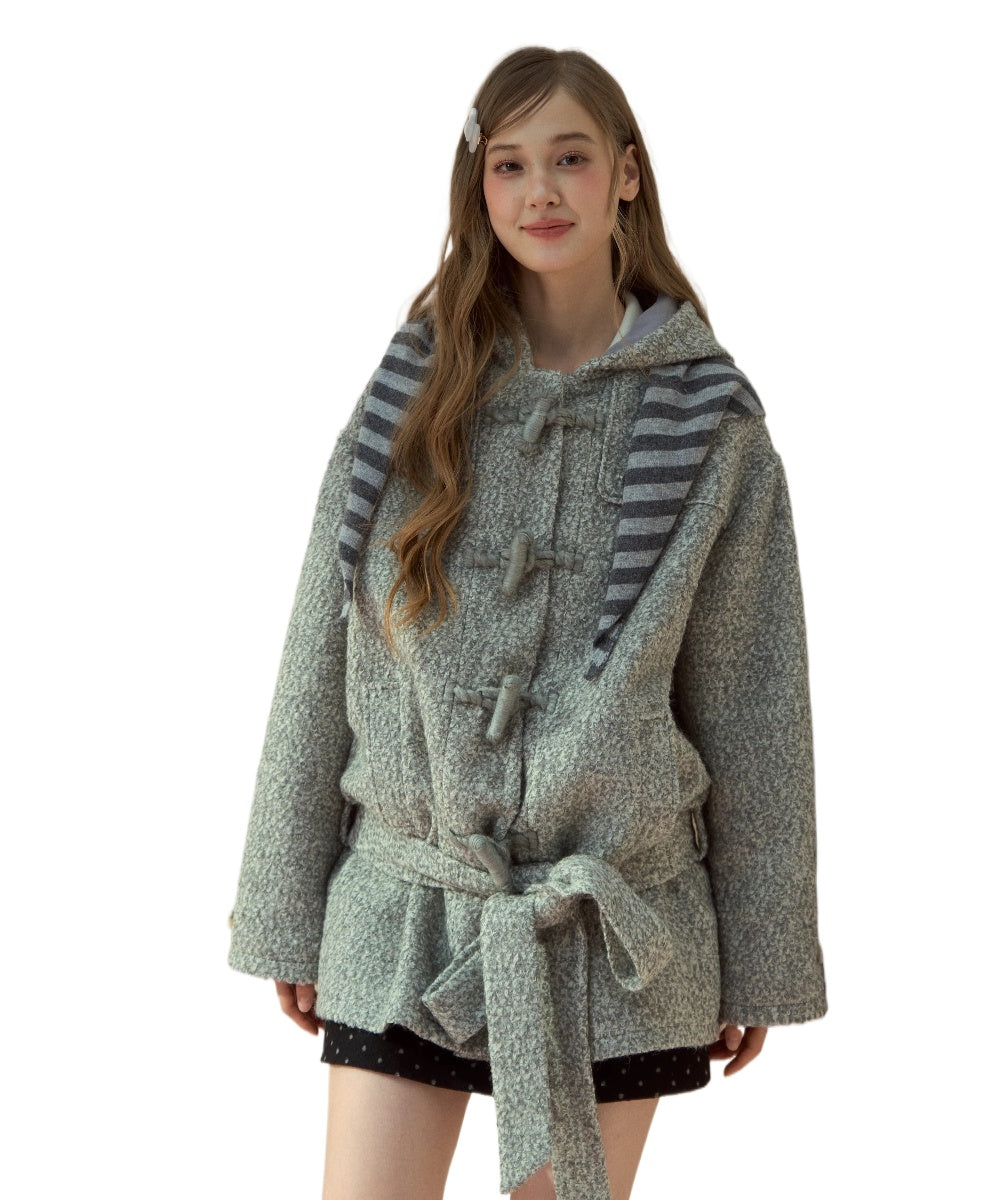 Light Grey Wool-Blend Toggle Belted Coat