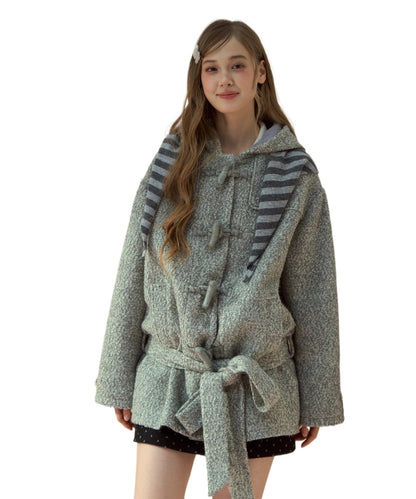 Light Grey Wool-Blend Toggle Belted Coat