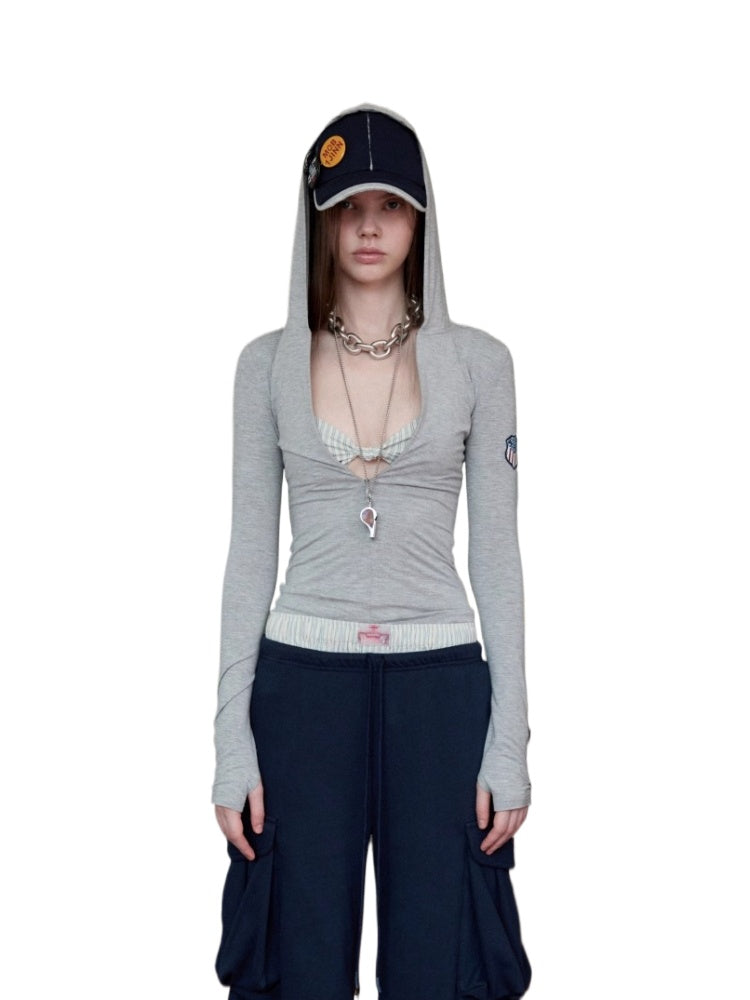 Hooded Zip-up Long-sleeve T-shirt