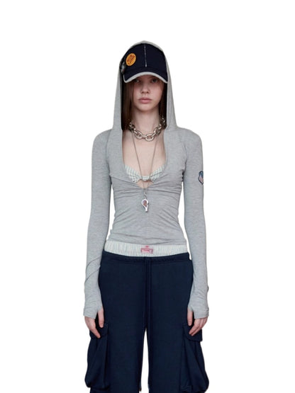 Hooded Zip-up Long-sleeve T-shirt