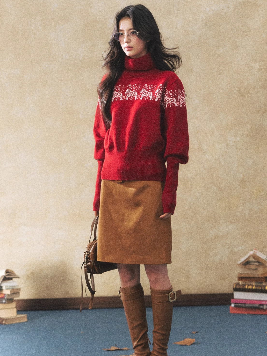 Dual-Tone Knit Turtleneck Sweater